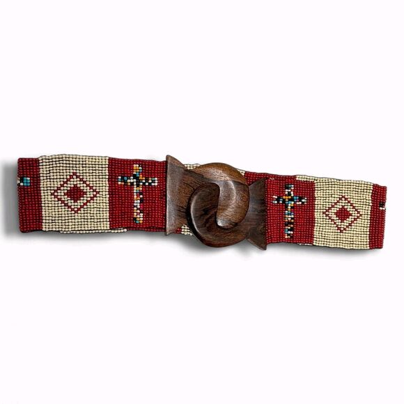Vintage Native Style Beaded Belt Red Cream Wooden Buckle Boho Western main image 15